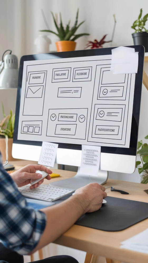 Designers working on AI-enhanced UX/UI interfaces in a nearshore office