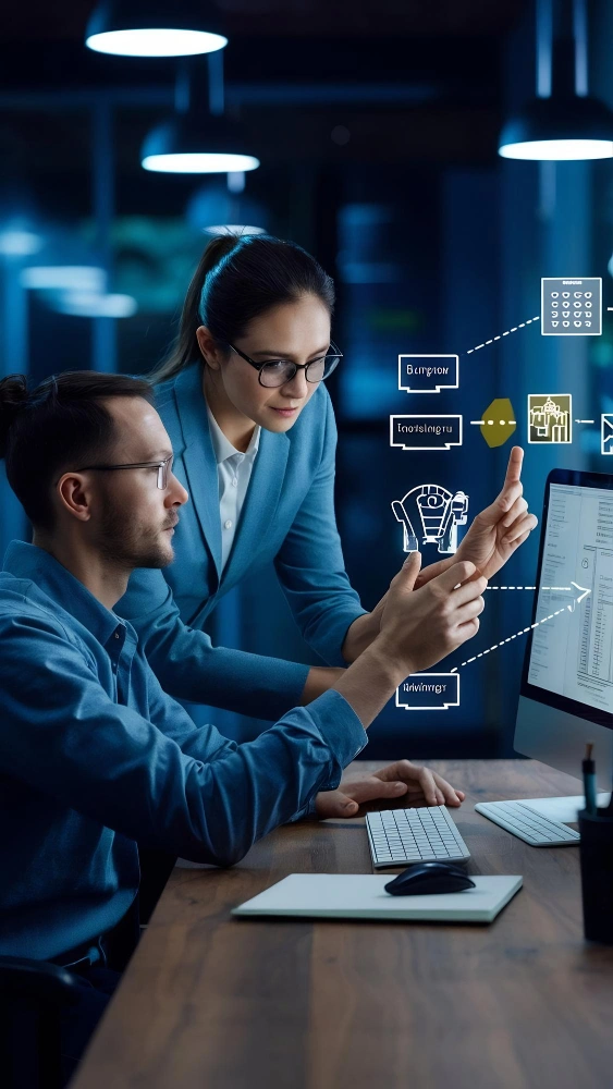 Marketing team collaborating with data dashboards and AI tools in a modern agency environment