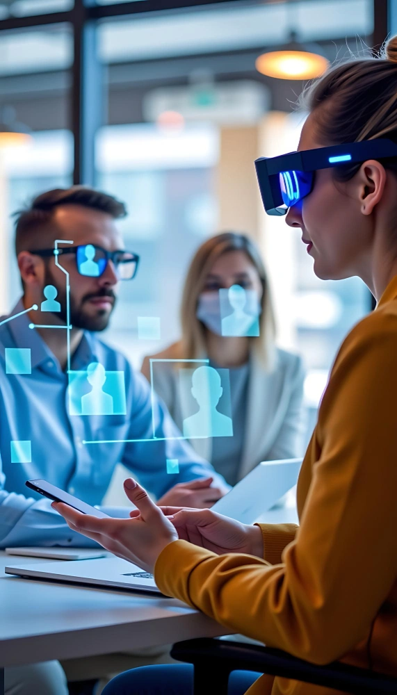 Marketing team collaborating with data dashboards and AI tools in a modern agency environment