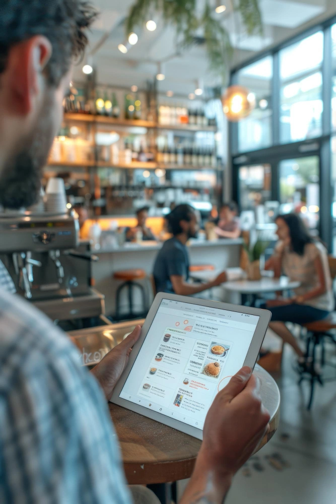 Fast food restaurant counter with digital AI system analyzing customer service interactions in real time
