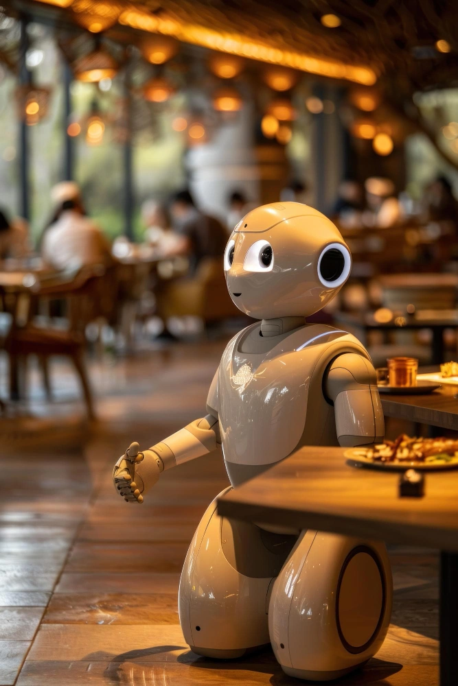 Fast food restaurant counter with digital AI system analyzing customer service interactions in real time