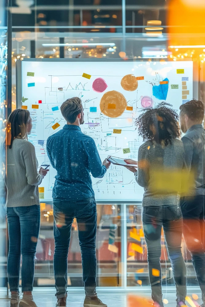 Business professionals collaborating with artificial intelligence system dashboards in a modern enterprise environment