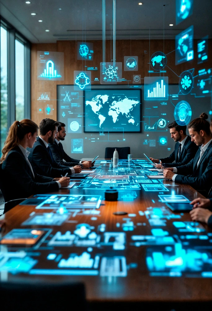 Business professionals collaborating with artificial intelligence system dashboards in a modern enterprise environment