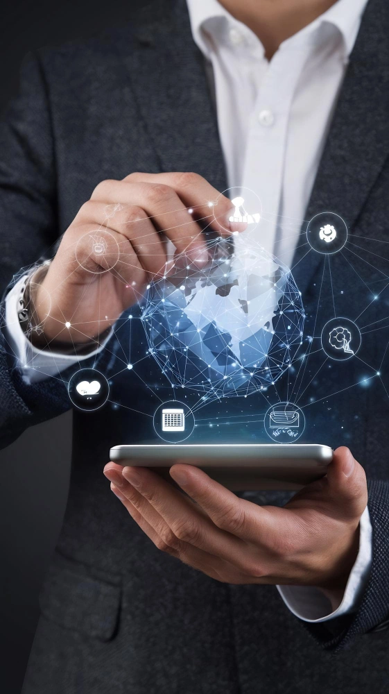 Business professionals collaborating with artificial intelligence system dashboards in a modern enterprise environment