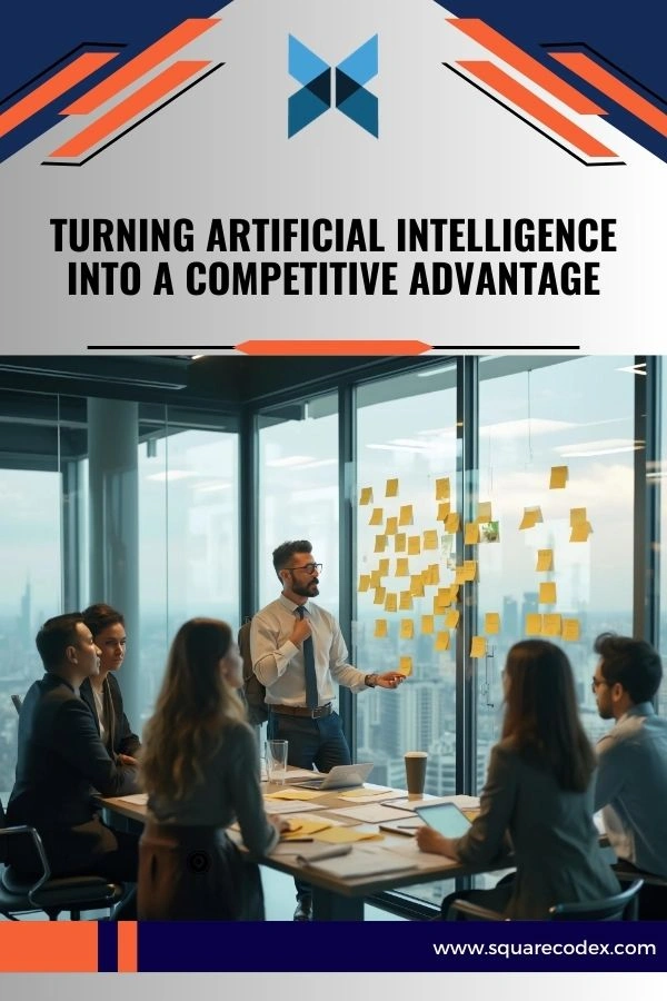 Business professionals collaborating with artificial intelligence system dashboards in a modern enterprise environment