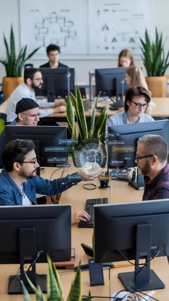 software developers collaborating Staff Augmentation on AI project with data dashboards in a modern office