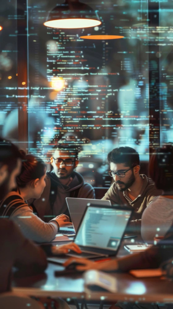 software developers collaborating Staff Augmentation on AI project with data dashboards in a modern office