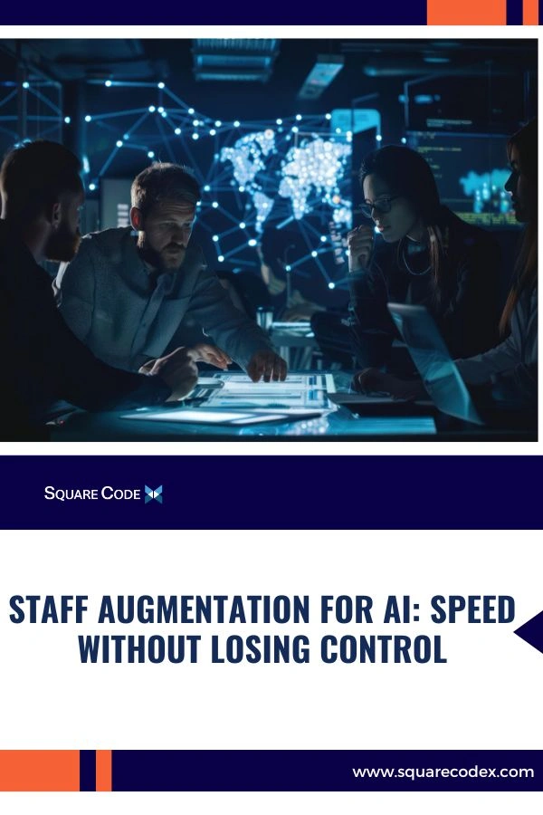 software developers collaborating Staff Augmentation on AI project with data dashboards in a modern office