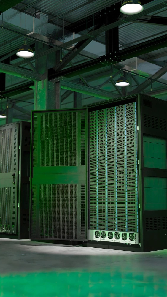 Large scale AI data center infrastructure with GPU servers powering artificial intelligence computing