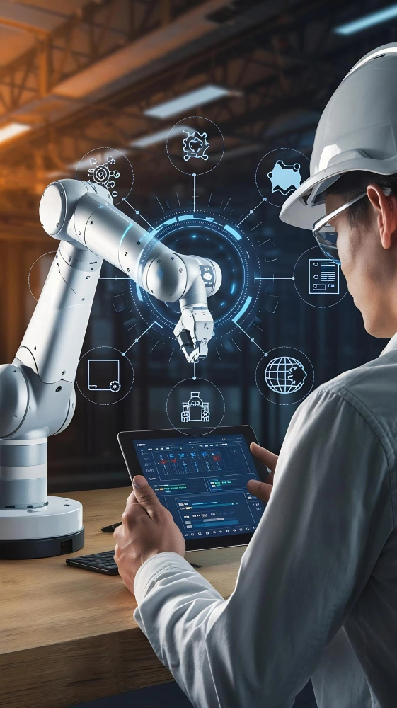 Advanced industrial robot integrated with AI software platform in a modern smart manufacturing environment