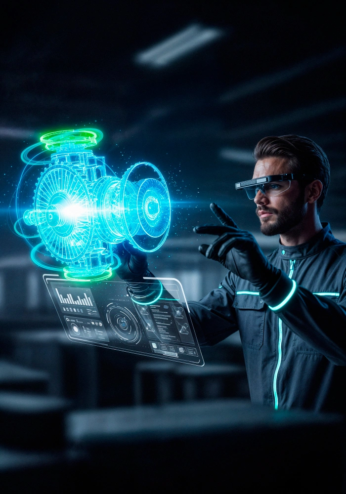 Industrial engineer working with automation systems and AI-driven control panels in a manufacturing environment