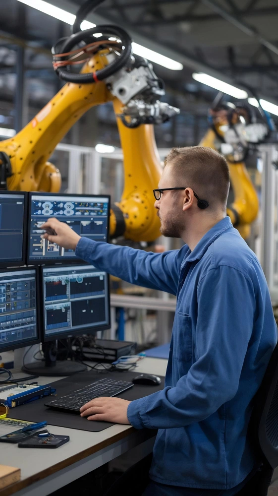 Industrial engineer working with automation systems and AI-driven control panels in a manufacturing environment