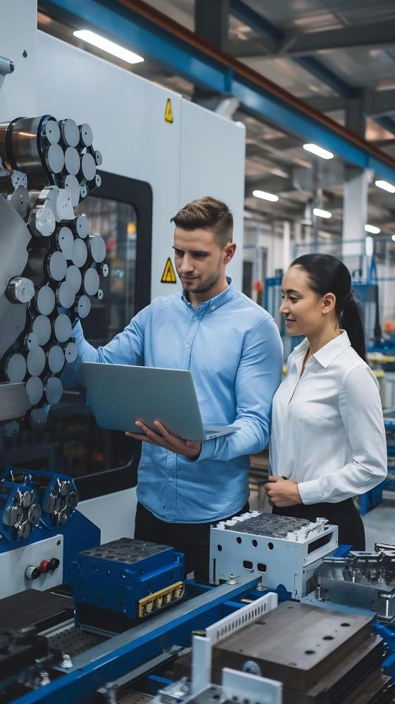 Industrial engineer working with automation systems and AI-driven control panels in a manufacturing environment