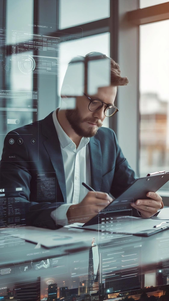 Business executive interacting with AI system to automate decisions and streamline enterprise workflows