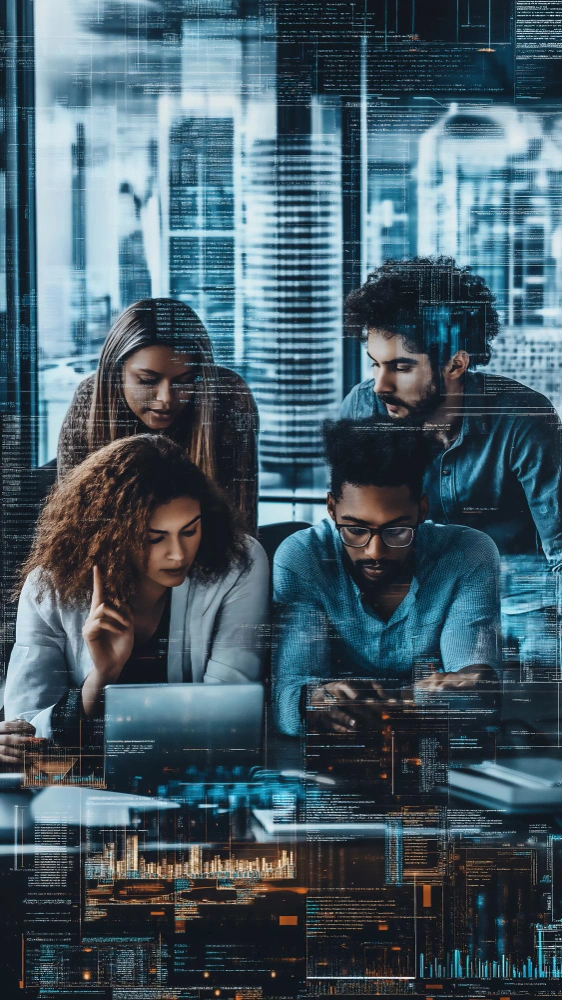 Software development team collaborating on AI integration and backend systems in an enterprise environment