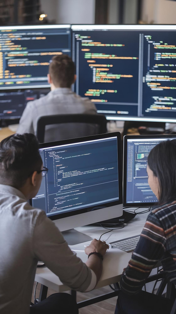Software engineers managing AI-driven development workflows with dashboards and system integrations