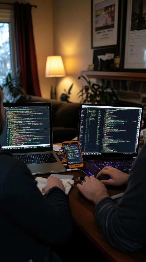 Software engineers managing AI-driven development workflows with dashboards and system integrations