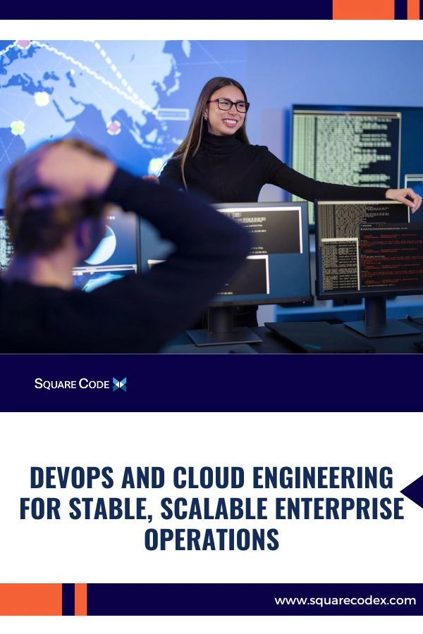 DevOps engineers monitoring cloud infrastructure, CI/CD pipelines, and enterprise system performance in a modern operations center