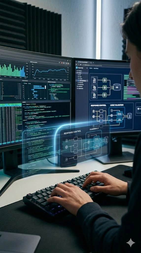 doctorEngineers monitoring AI Guardrails systems with security controls and data validation dashboards