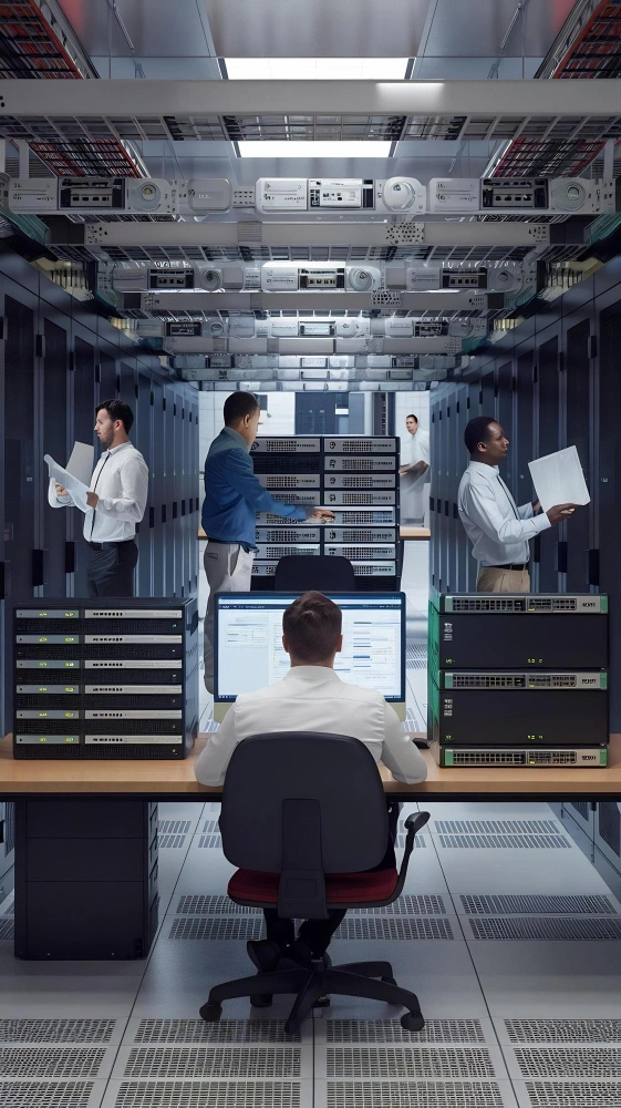 Enterprise team managing AI systems with secure infrastructure and real-time monitoring dashboards