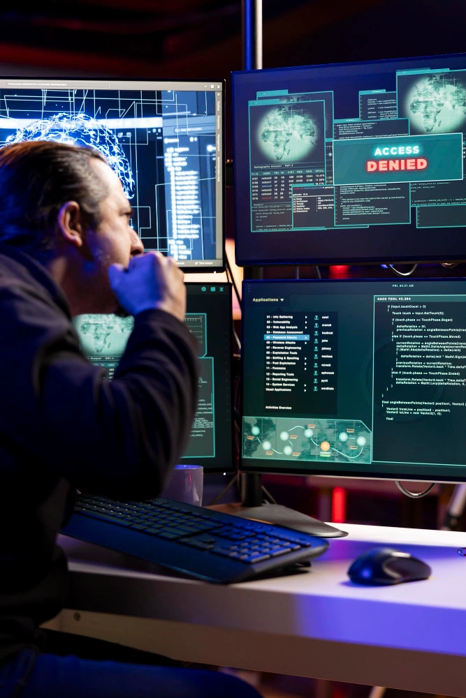 Enterprise team managing AI systems with secure infrastructure and real-time monitoring dashboards