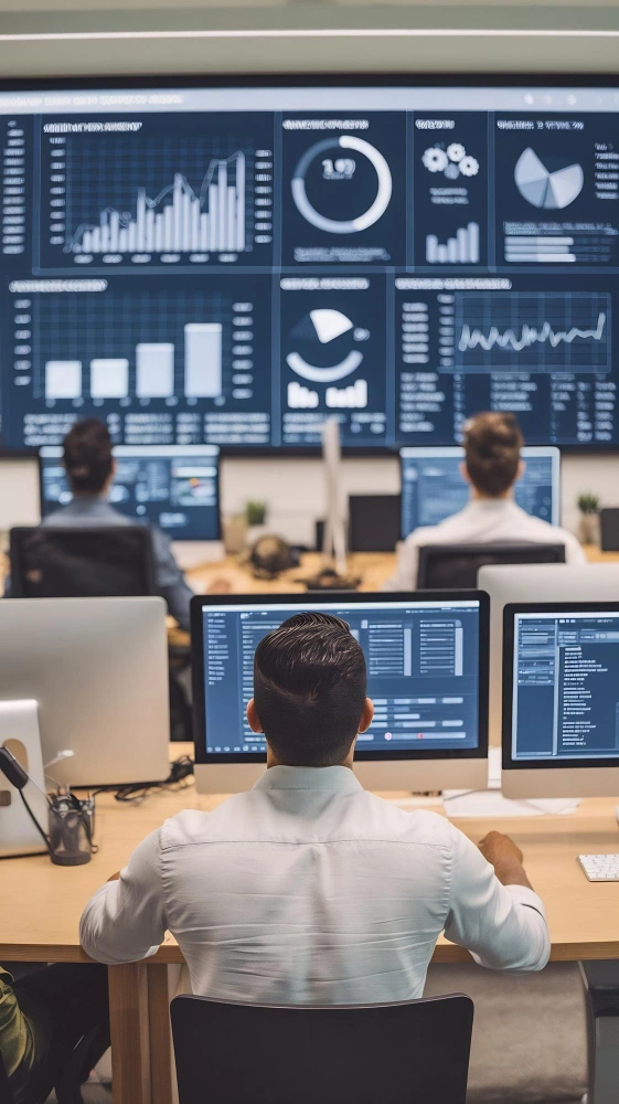 Enterprise team managing AI systems with secure infrastructure and real-time monitoring dashboards