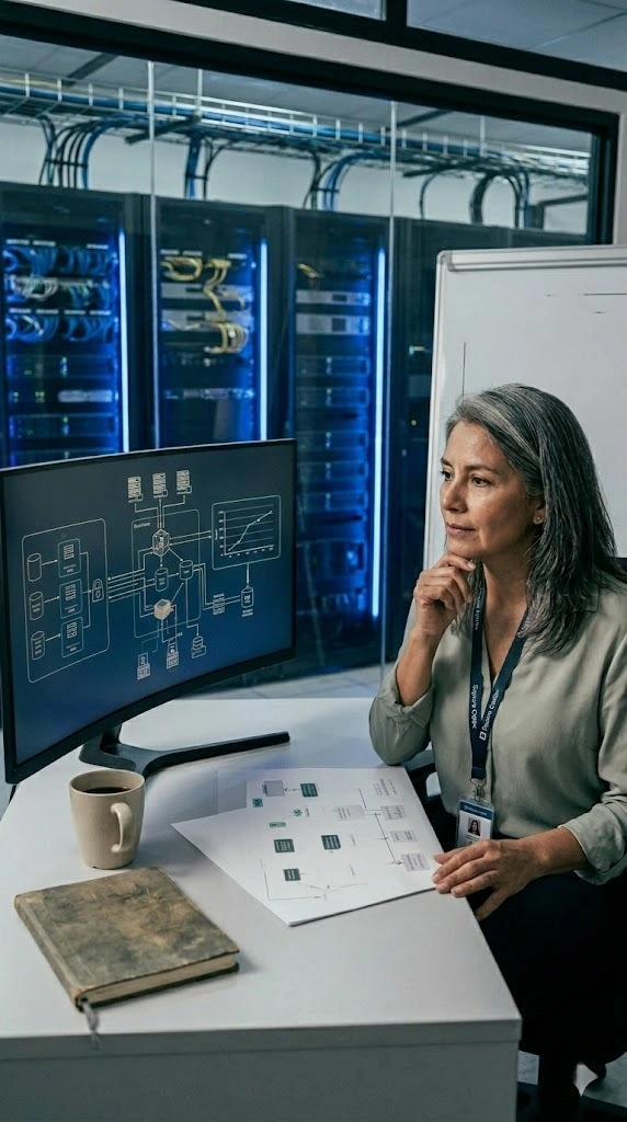 Enterprise engineering team monitoring AI infrastructure dashboards and hybrid cloud systems in a modern operations center