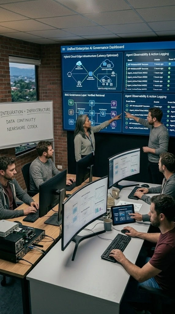 Enterprise engineering team monitoring AI infrastructure dashboards and hybrid cloud systems in a modern operations center