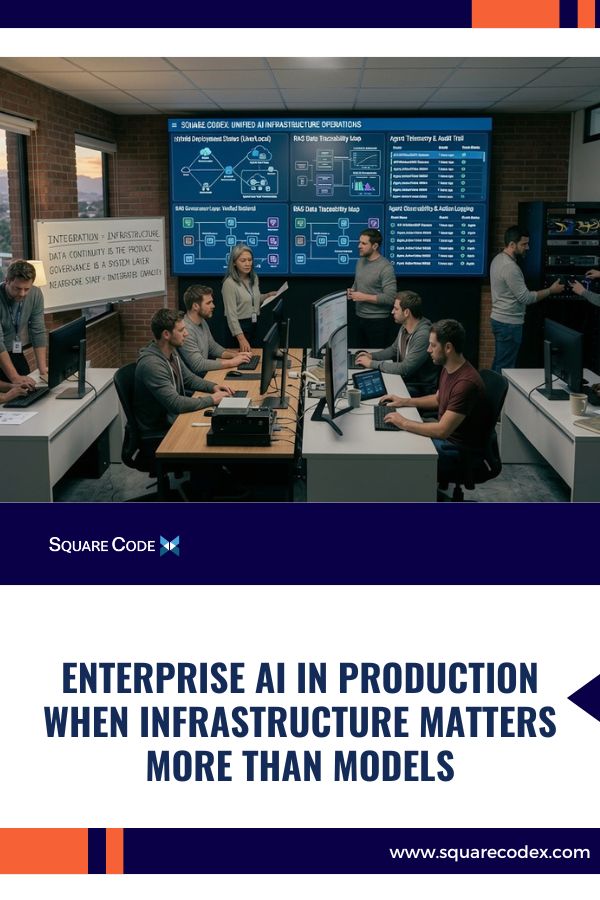 Enterprise engineering team monitoring AI infrastructure dashboards and hybrid cloud systems in a modern operations center