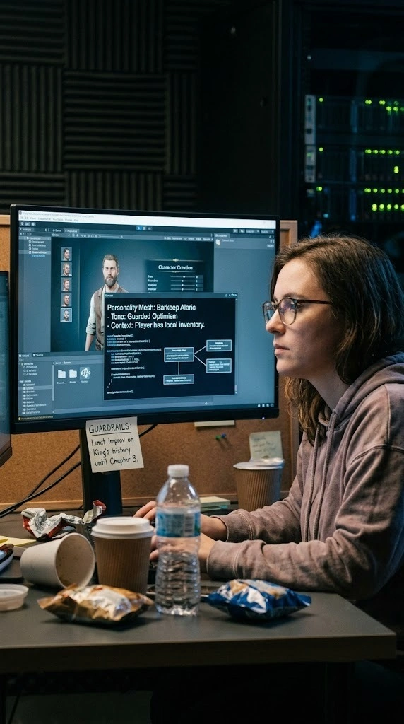 AI powered game character interacting with a player inside a modern game development environment with real time animation systems
