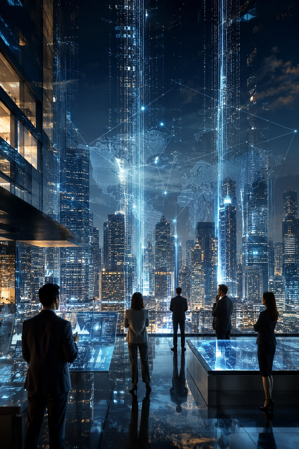 Data scientists analyzing large datasets with AI-powered analytics dashboards and cloud infrastructure for business intelligence