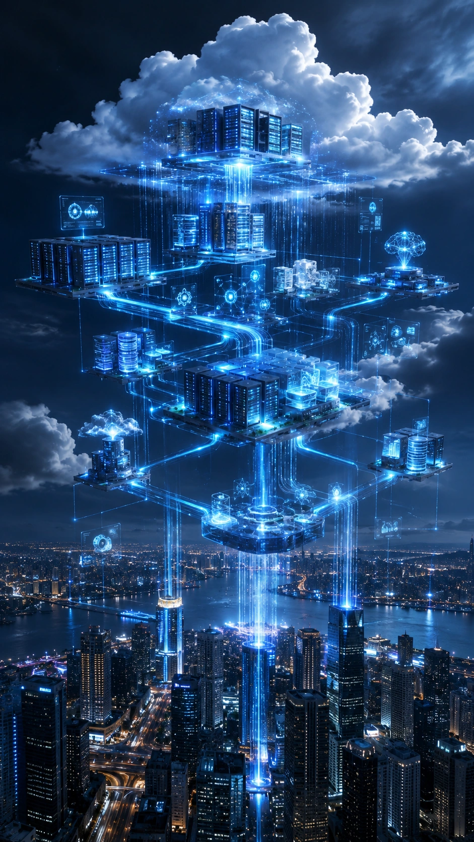 Data scientists analyzing large datasets with AI-powered analytics dashboards and cloud infrastructure for business intelligence