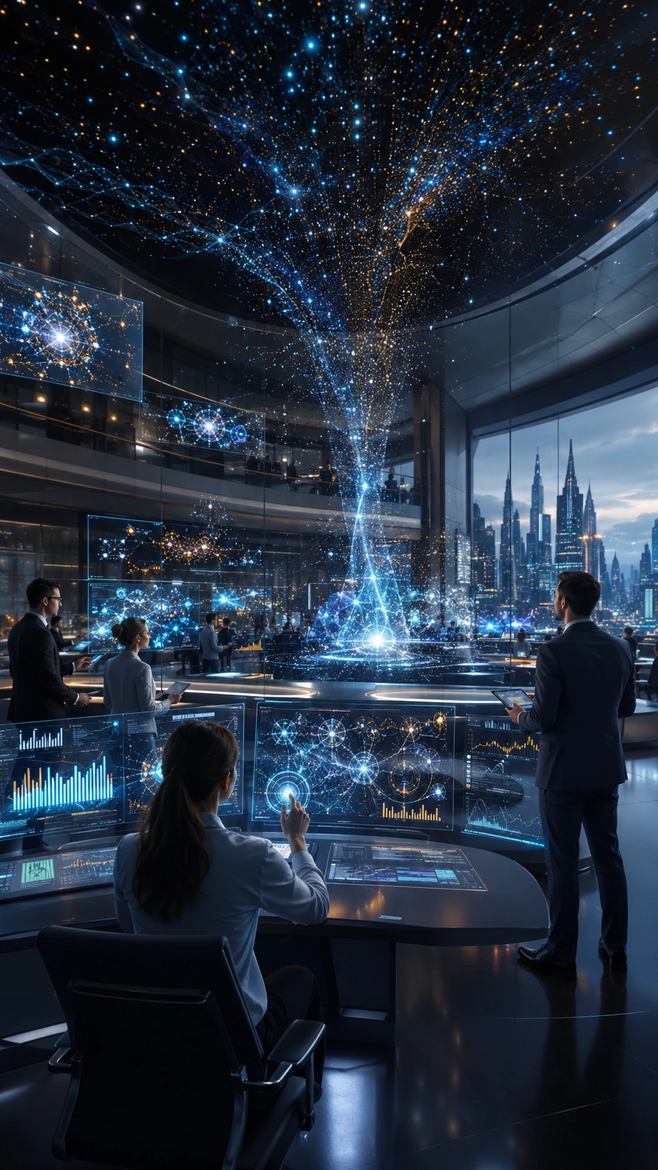 Data scientists analyzing large datasets with AI-powered analytics dashboards and cloud infrastructure for business intelligence
