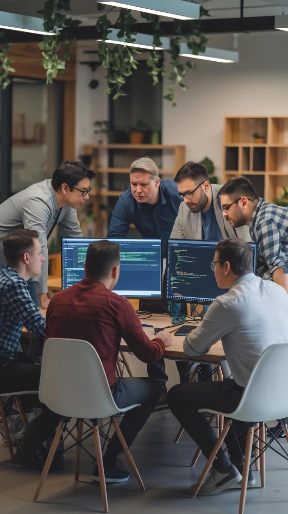 Software development team collaborating with nearshore engineers on product architecture, backend development, and agile planning.