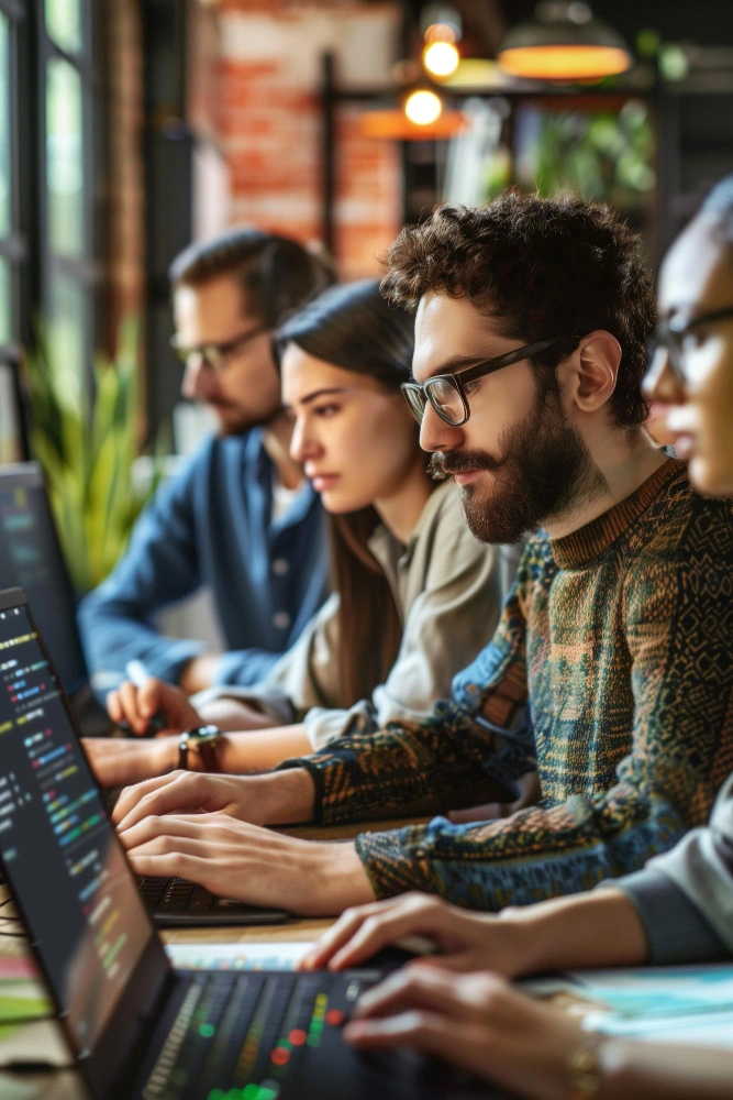 Software development team collaborating with nearshore engineers on product architecture, backend development, and agile planning.
