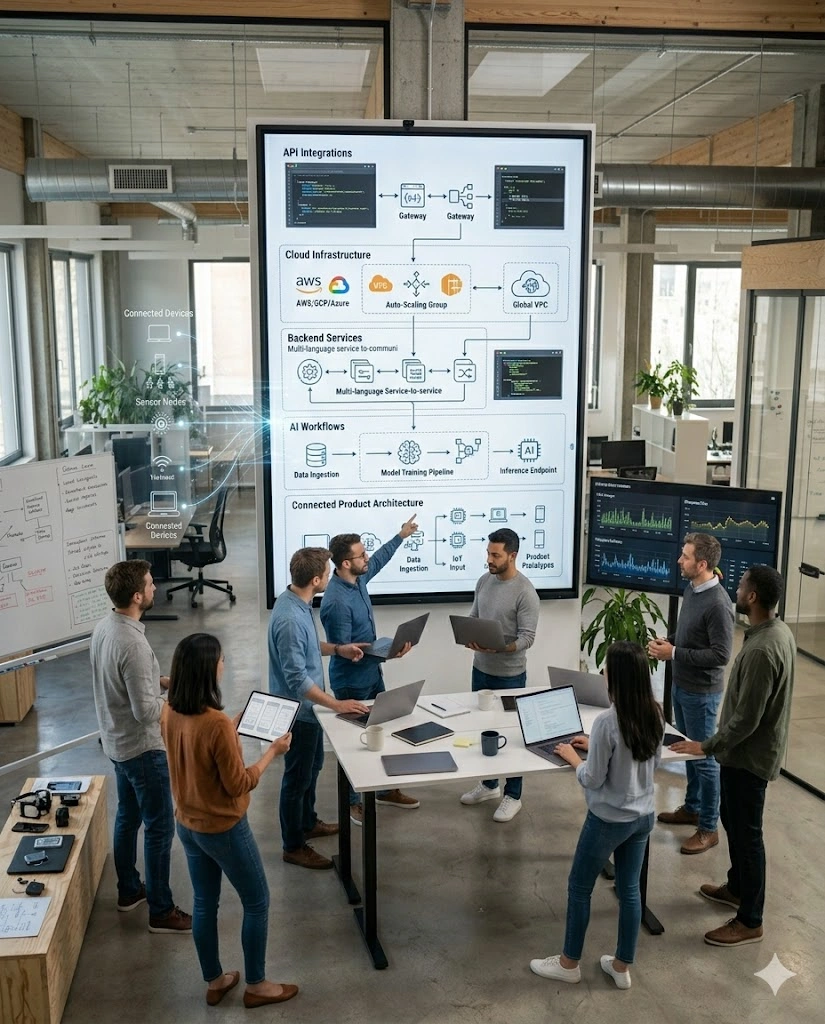 Smart television connected to cloud services and AI-powered devices creating an integrated digital entertainment experience