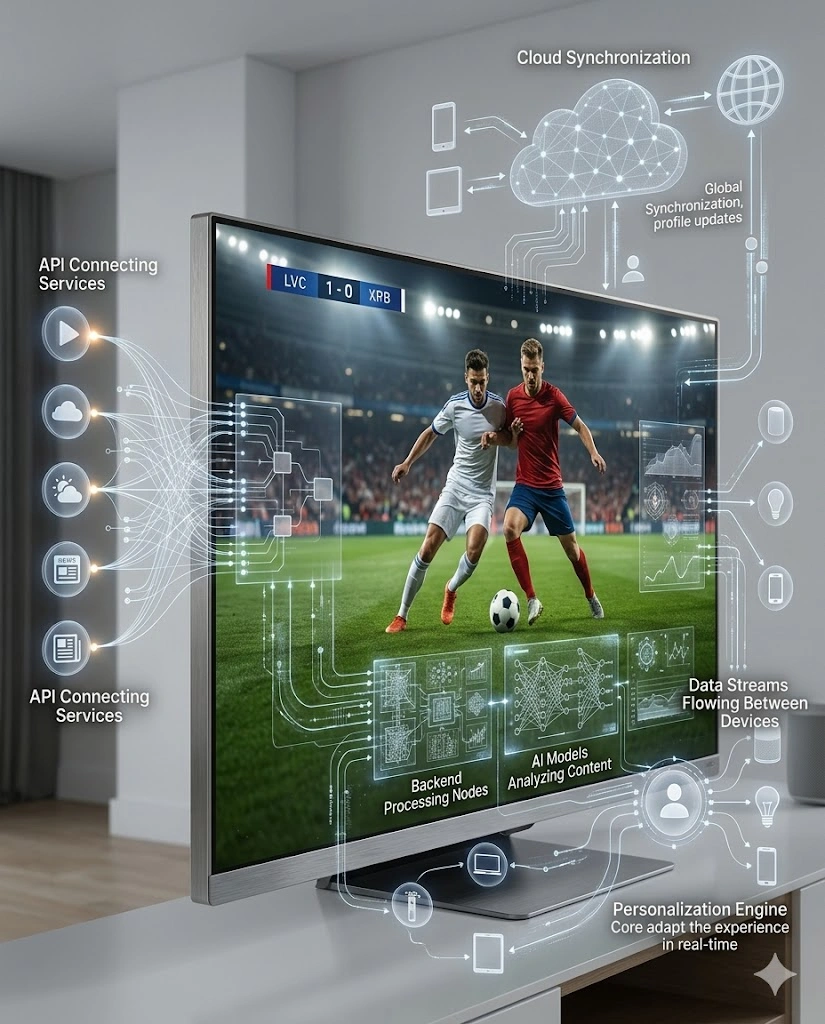 Smart television connected to cloud services and AI-powered devices creating an integrated digital entertainment experience
