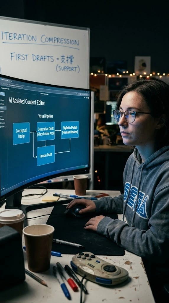 Game development team using AI-powered tools for content creation, asset management, and production workflows