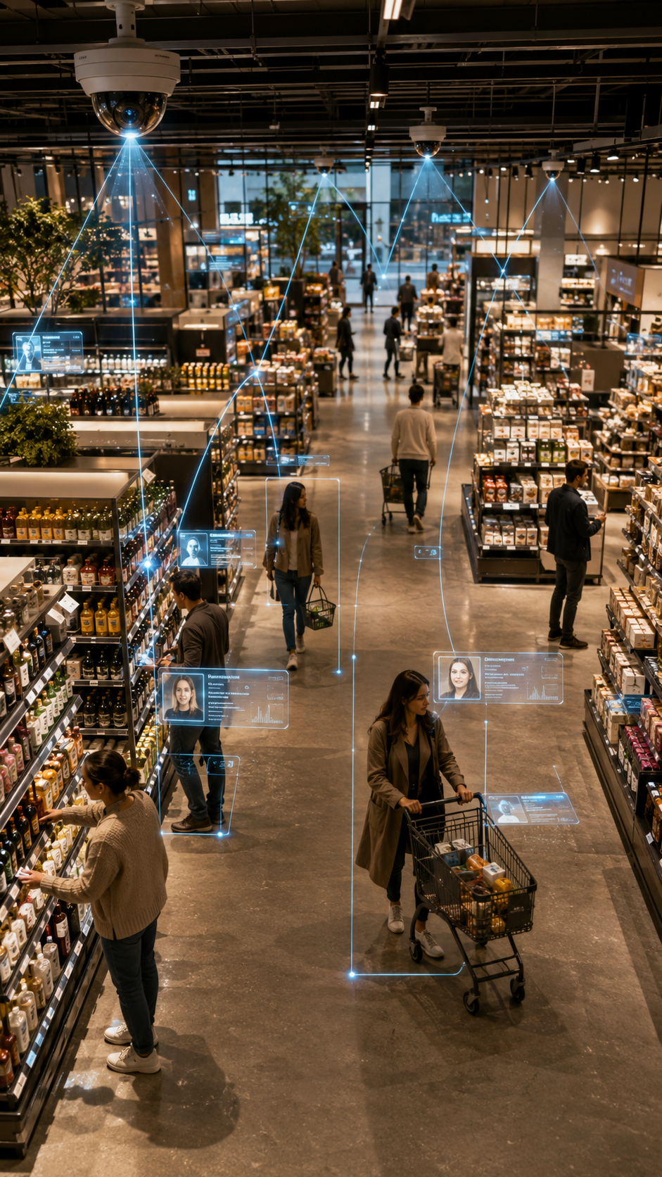 Modern retail store with smart cameras, data analytics, and computer vision monitoring shelves