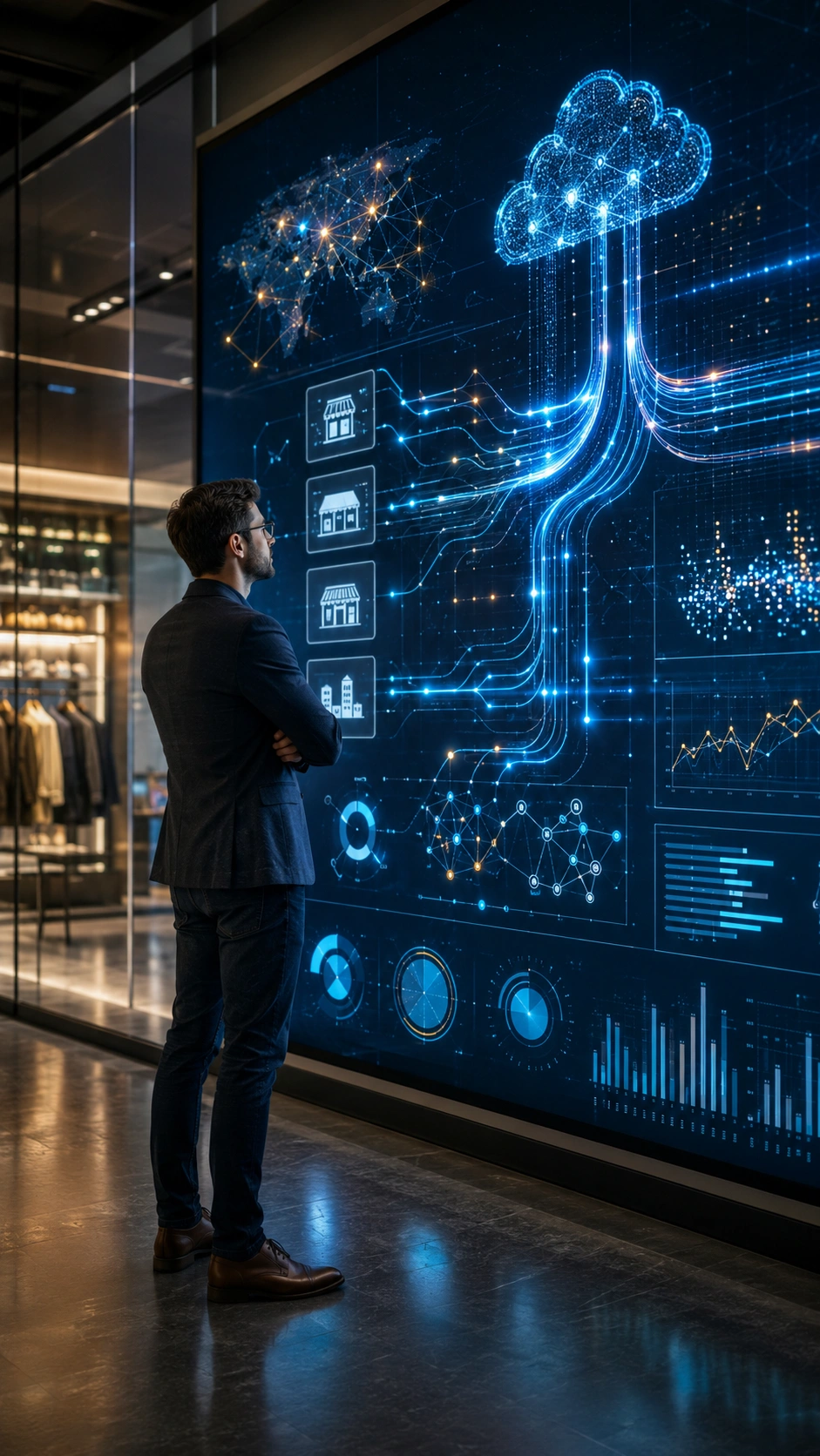Modern retail store with smart cameras, data analytics, and computer vision monitoring shelves