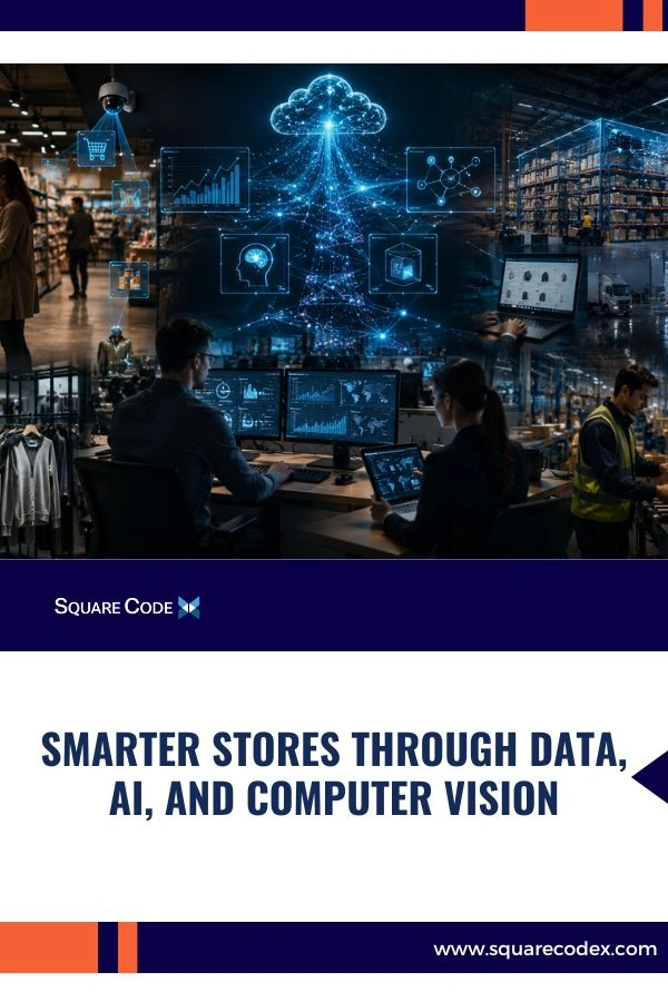Modern retail store with smart cameras, data analytics, and computer vision monitoring shelves