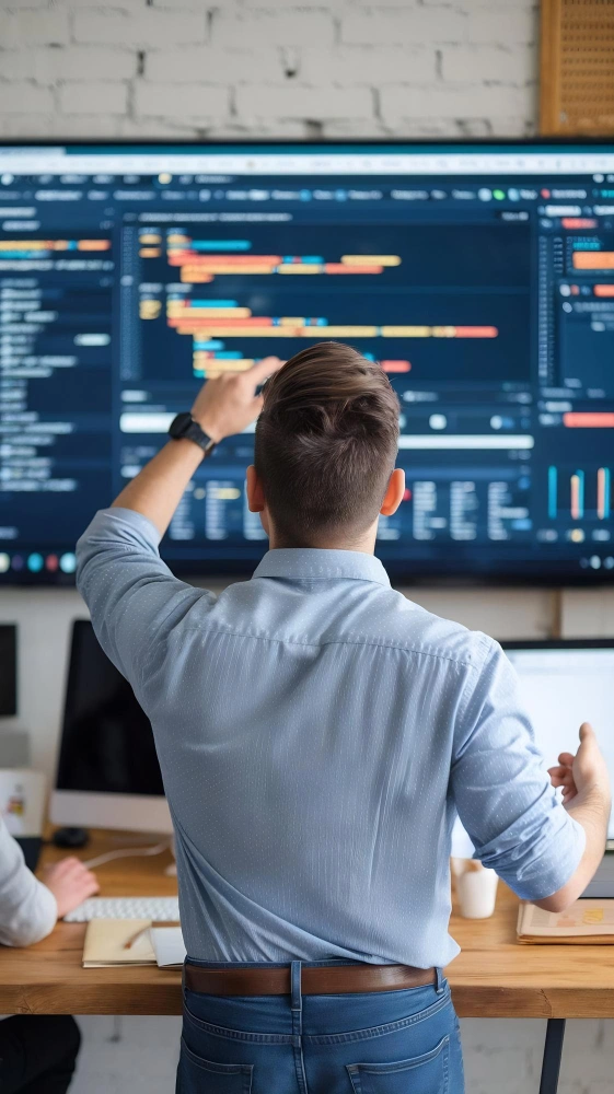 Enterprise AI architecture with cloud infrastructure, backend services, APIs, data pipelines, and production monitoring dashboards.