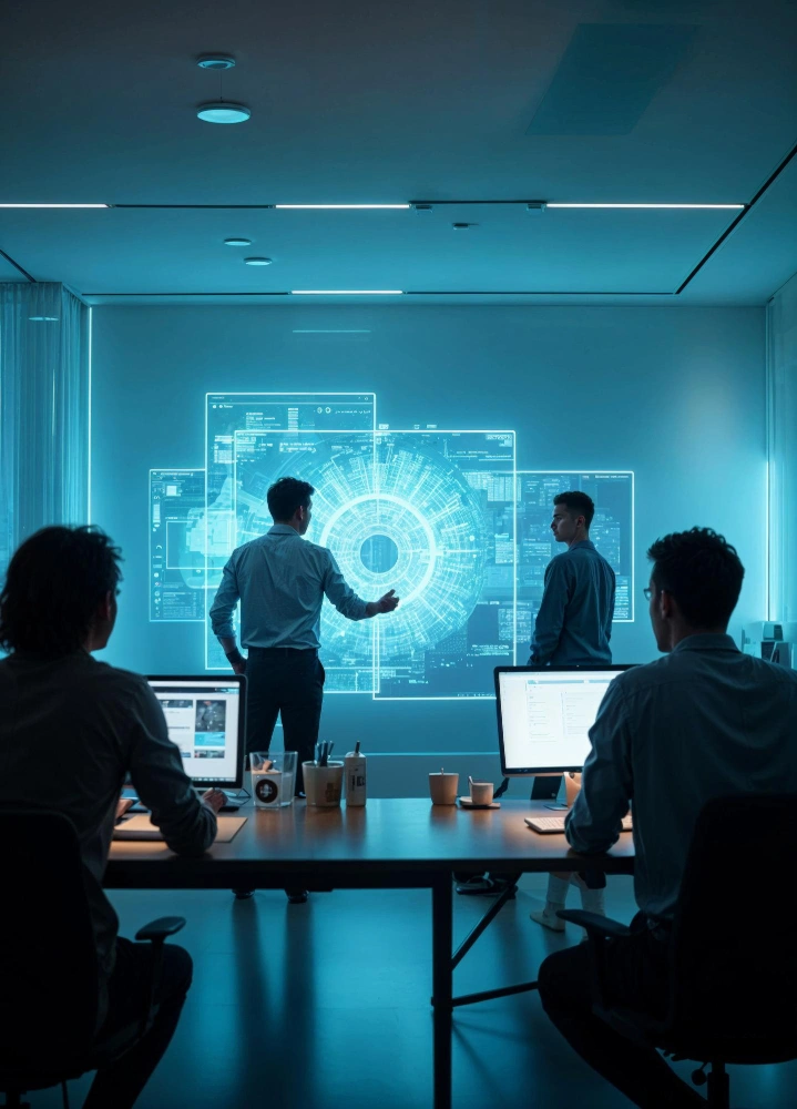 Enterprise AI architecture with cloud infrastructure, backend services, APIs, data pipelines, and production monitoring dashboards.