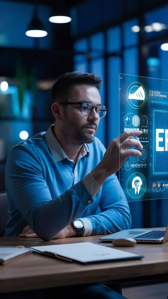 Enterprise technology team reviewing Microsoft Copilot style AI agents connected to business applications, APIs, cloud systems, and company data