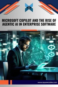 Enterprise technology team reviewing Microsoft Copilot style AI agents connected to business applications, APIs, cloud systems, and company data