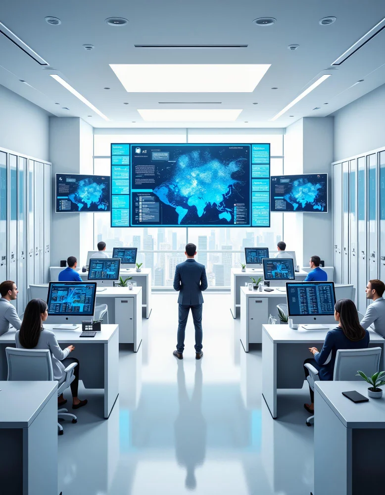 : Telecommunications engineer monitoring mobile network infrastructure and computing servers used for AI-enabled network operations.