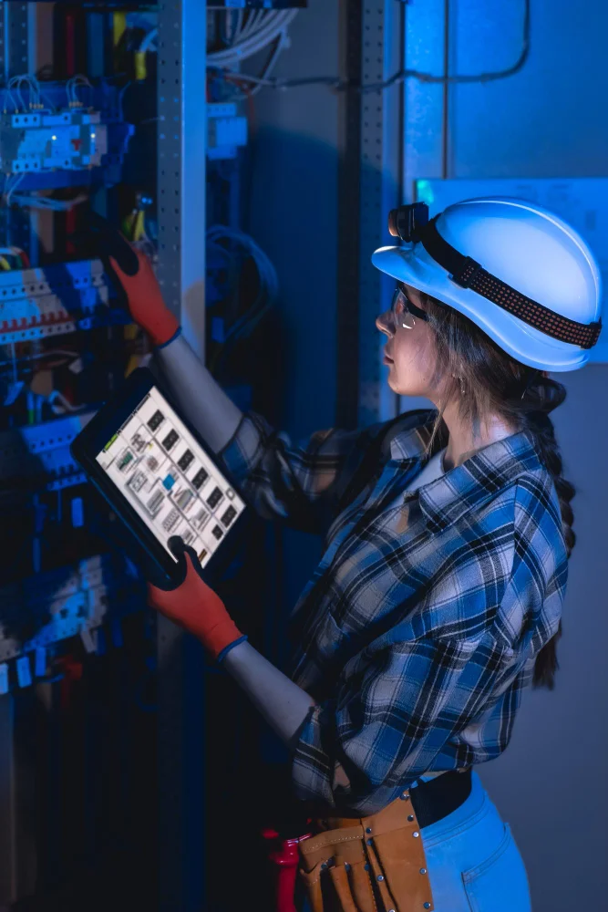 : Telecommunications engineer monitoring mobile network infrastructure and computing servers used for AI-enabled network operations.