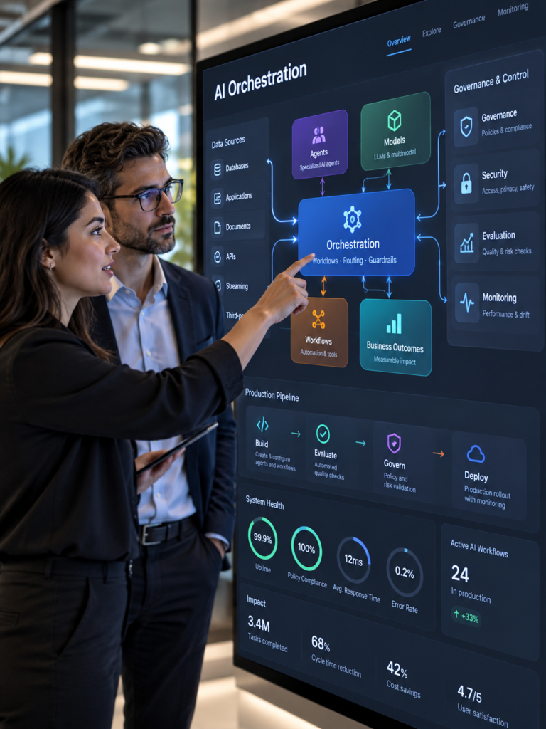 AI orchestration specialists reviewing a governance and workflow dashboard to coordinate models, agents, data, and business outcomes