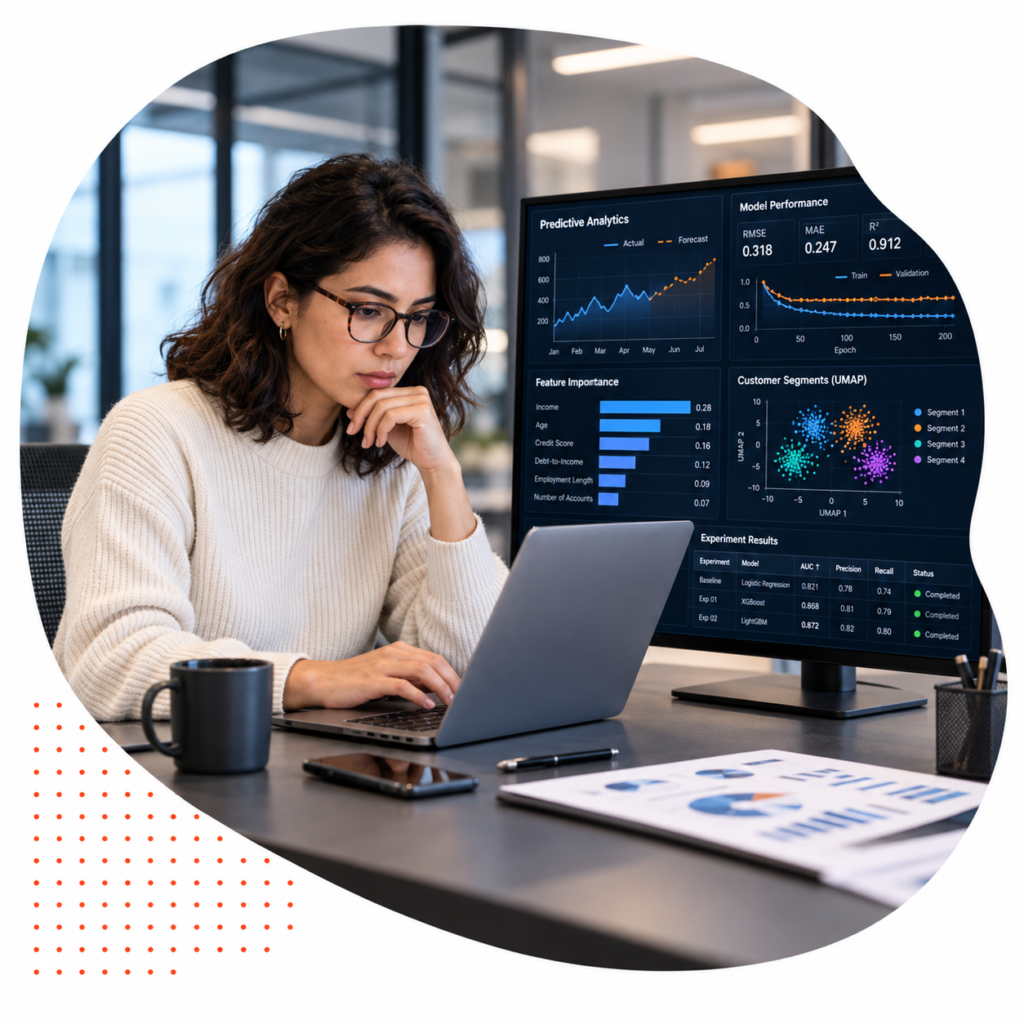 Senior Data Scientist analyzing predictive analytics dashboards and model performance metrics in a modern office workspace