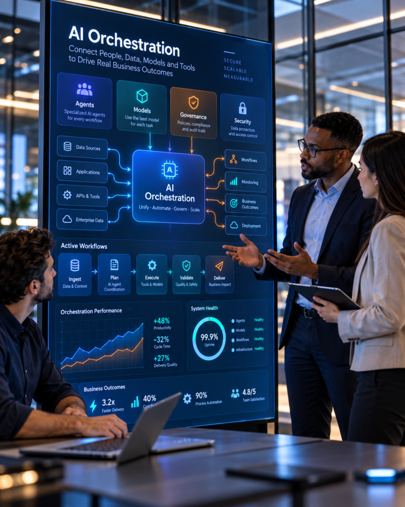 AI orchestration team reviewing agents, models, governance, workflows, monitoring, and business outcomes on a digital dashboard.